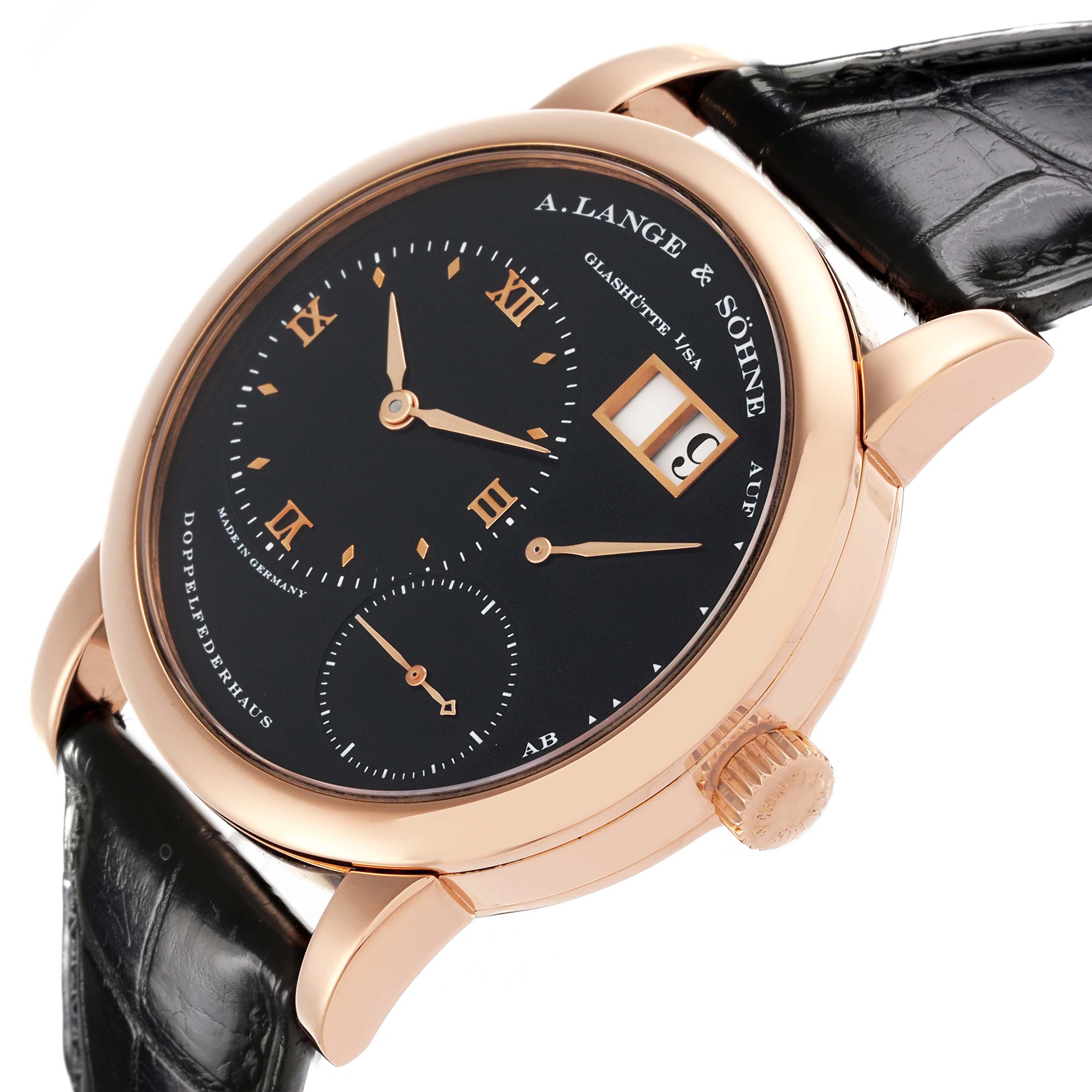 The A. Lange & Sohne Lange 1 101.031 Men's Rose Gold Black Dial watch is shown at a side angle, highlighting the black dial, gold case, crown, and leather strap.