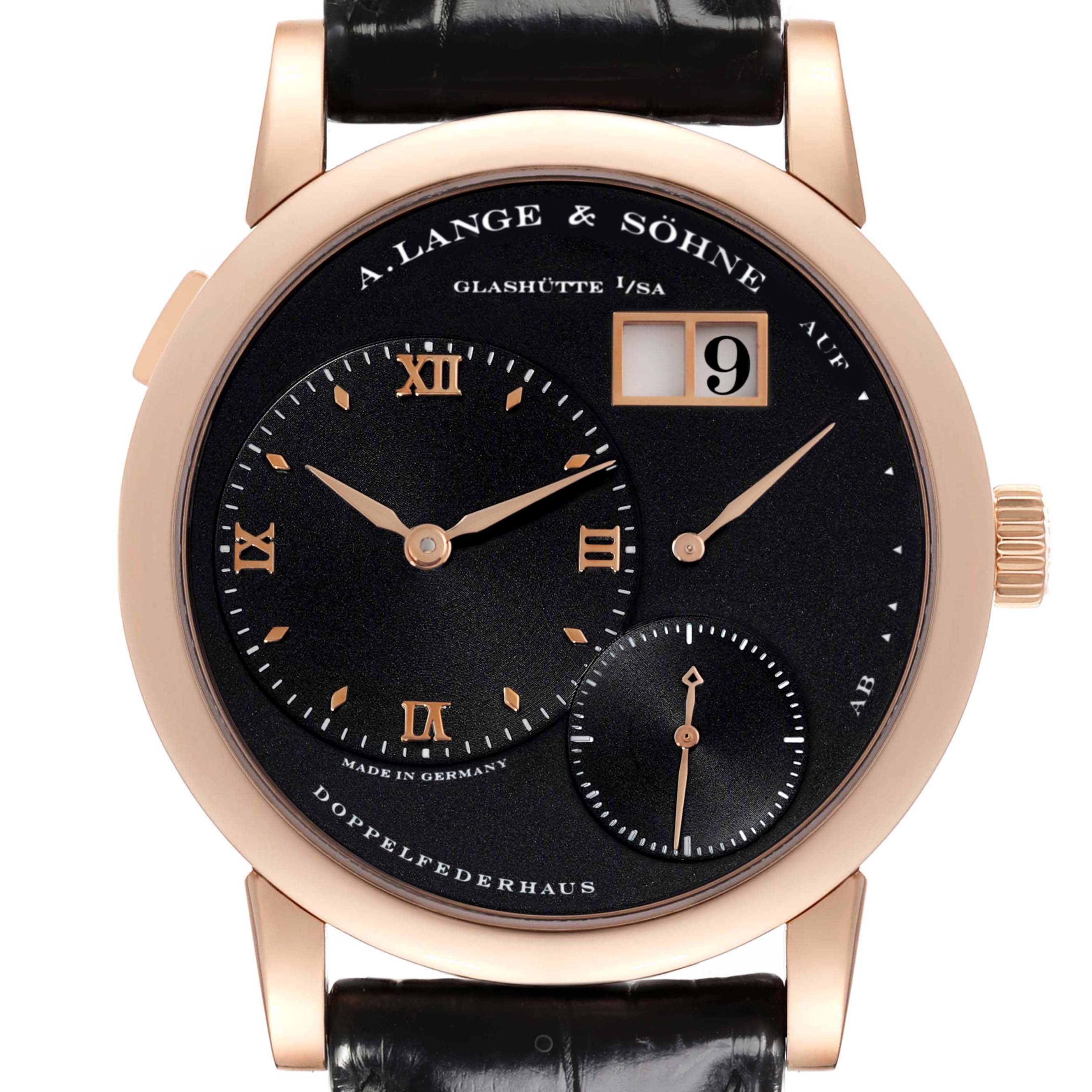 The A. Lange & Sohne Lange 1 101.031 Men's Rose Gold Black Dial watch is shown from a frontal angle, displaying its black dial, hour markers, subdials, and date window.