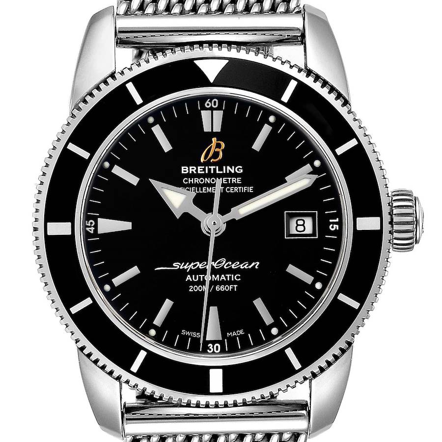 The image shows a front view of the Breitling Superocean A17321 Men's Stainless Steel Black Dial A17321 Men's Stainless Steel Black Dial watch, highlighting its dial, bezel, and part of the bracelet.