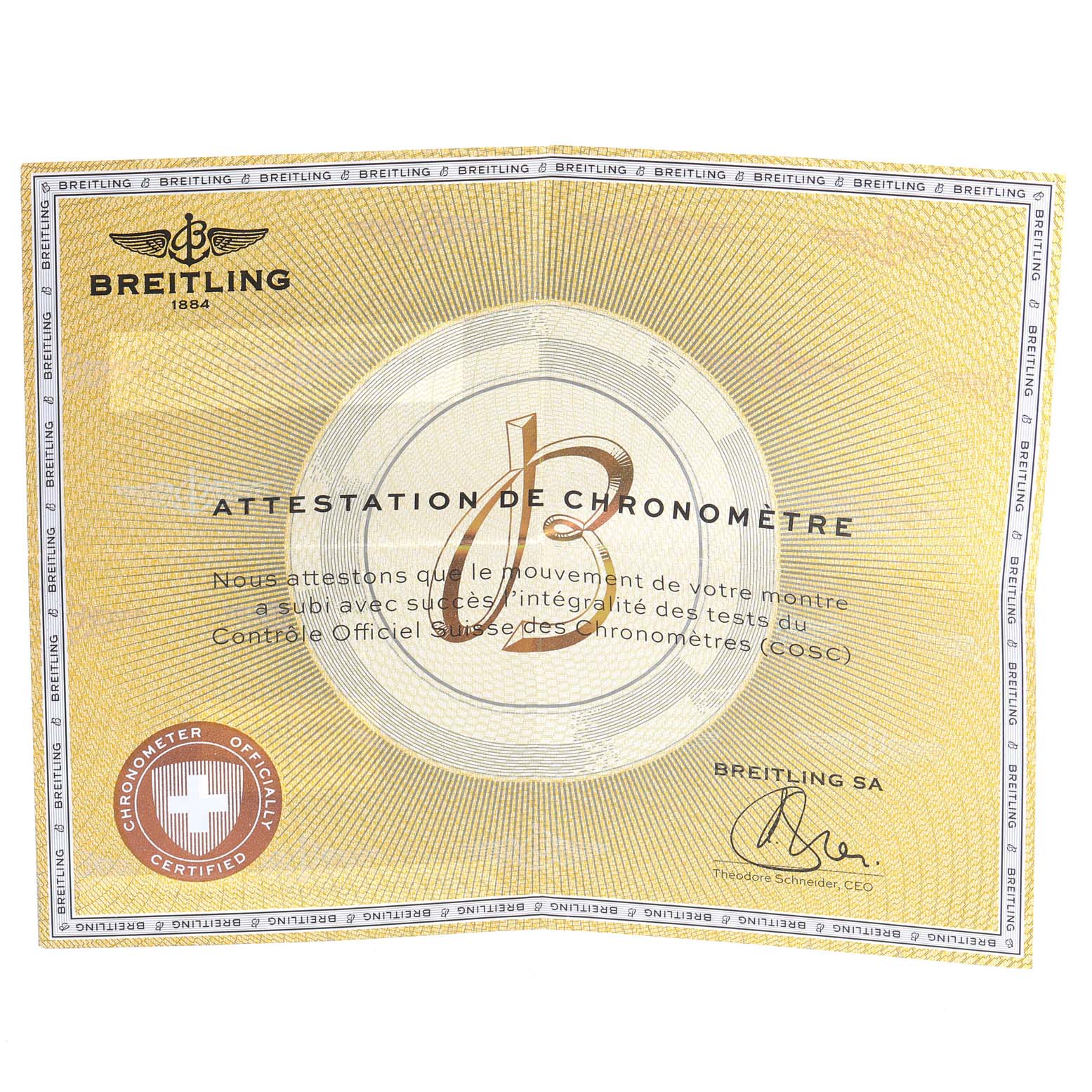 The image shows the COSC certification card for the Breitling Superocean A17321 Men's Stainless Steel Black Dial A17321 Men's Stainless Steel Black Dial watch model.