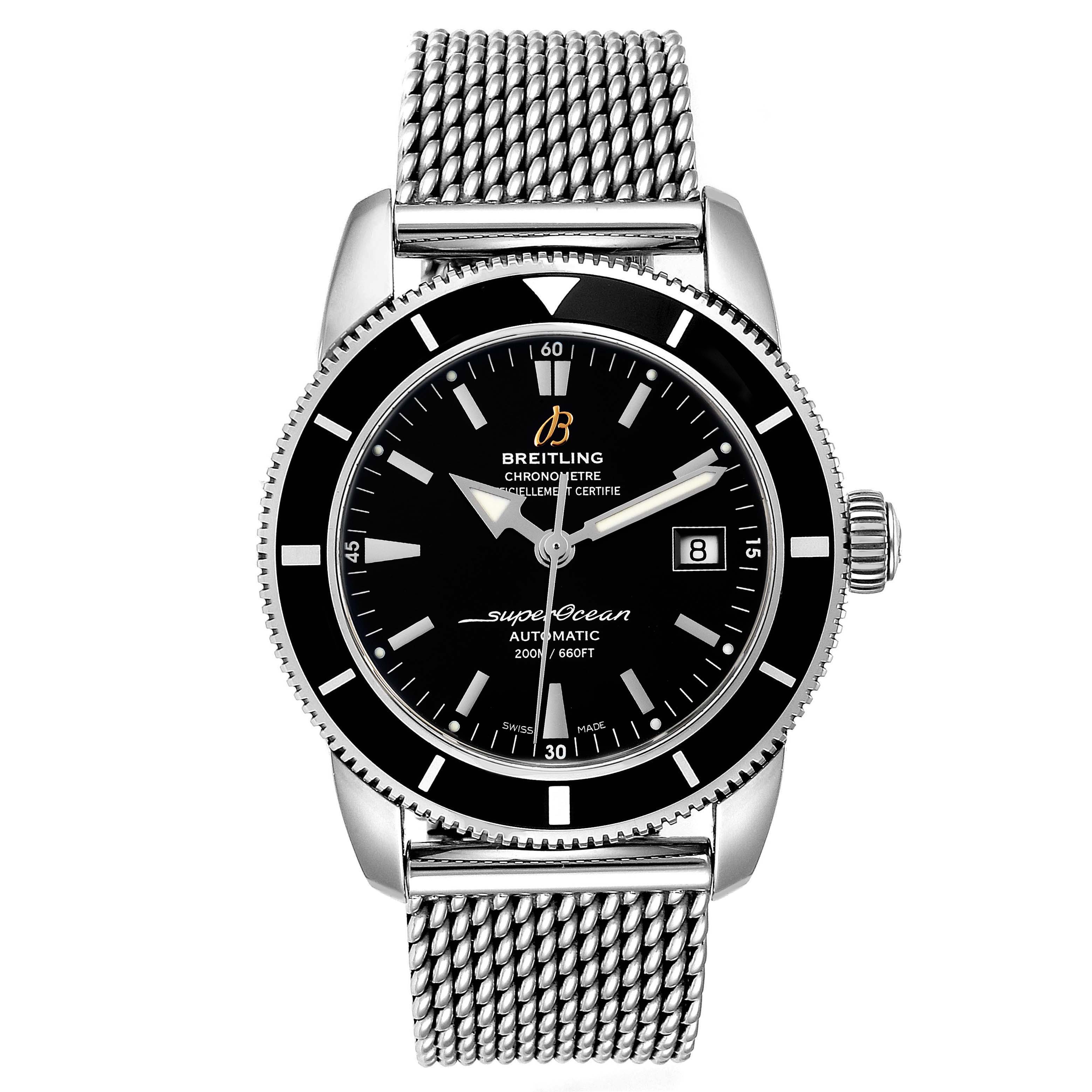 The image shows a front view of the Breitling Superocean A17321 Men's Stainless Steel Black Dial A17321 Men's Stainless Steel Black Dial watch, highlighting its face, bezel, and metal mesh strap.