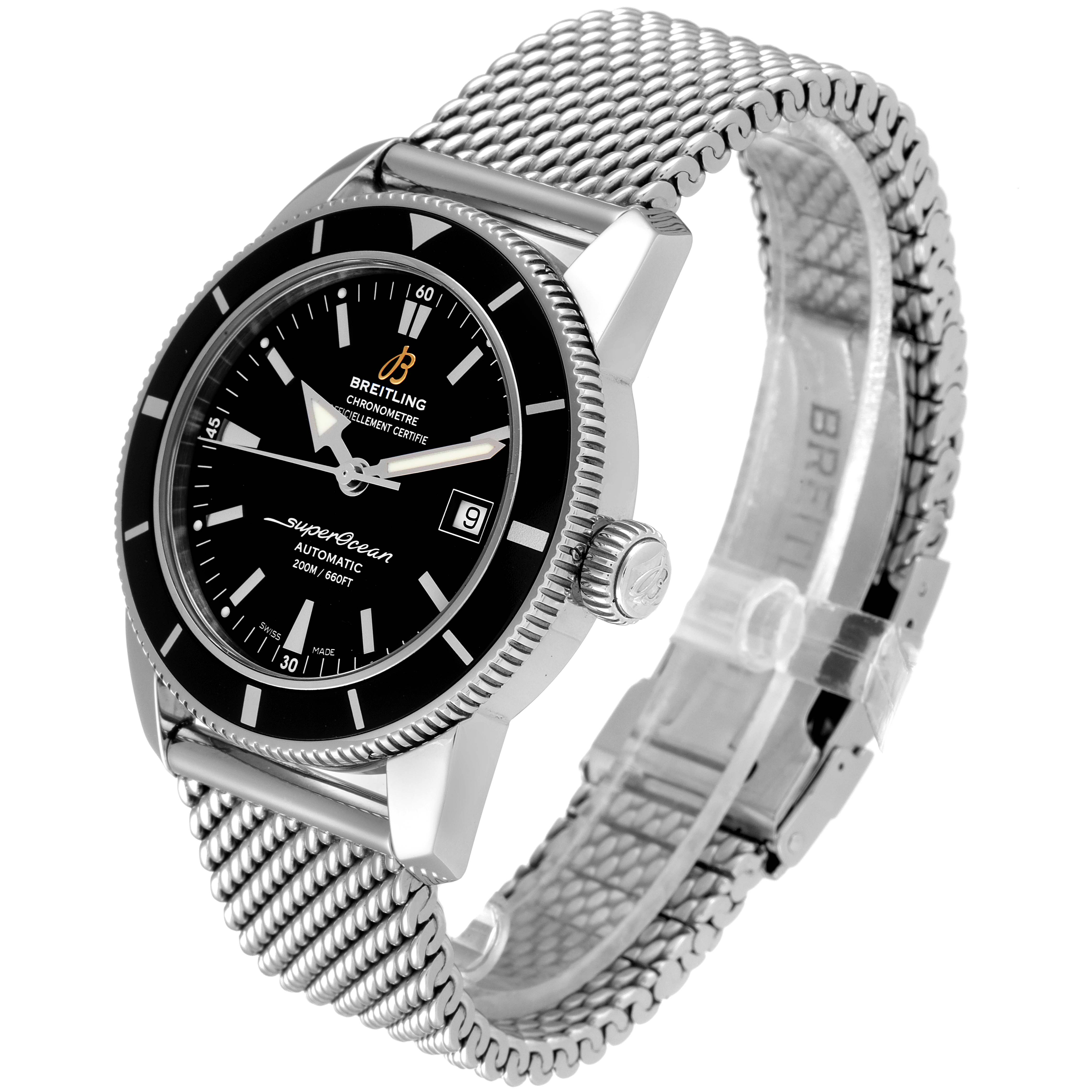 The Breitling Superocean A17321 Men's Stainless Steel Black Dial A17321 Men's Stainless Steel Black Dial watch is shown at an angled view, highlighting the face, bezel, crown, and steel mesh bracelet.