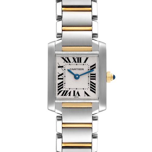 This image shows a front view of a Cartier Tank Francaise W51007Q4 Women's Steel and Gold (two tone) Silver Dial W51007Q4 Women's Steel and Gold (two tone) Silver Dial watch, highlighting its square face, Roman numerals, and metal bracelet.