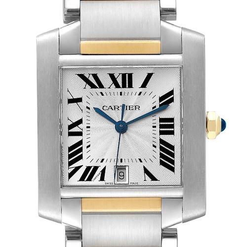 This image shows the face of a Cartier Tank Francaise W51005Q4 Men's Steel and Gold (two tone) Silver Dial W51005Q4 Men's Steel and Gold (two tone) Silver Dial watch, displaying its dial, hands, and date window at 6 o'clock.
