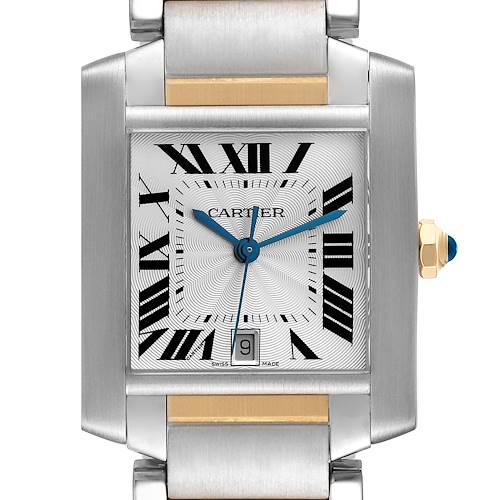 This Cartier Tank Francaise W51005Q4 Men's Steel and Gold (two tone) Silver Dial W51005Q4 Men's Steel and Gold (two tone) Silver Dial watch is shown from a close-up, frontal angle, highlighting its rectangular dial, Roman numerals, and date display.