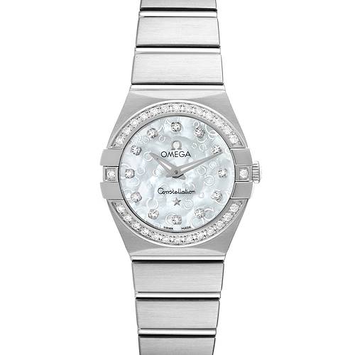 The Omega 123.15.24.60.52.001 Women's Stainless Steel Mother of Pearl Dial 123.15.24.60.52.001 Women's Stainless Steel Mother of Pearl Dial Constellation Mother Of Pearl Diamond Steel Ladies Watch 123.15.24.60.52.001 is shown from a front angle displaying the face and bracelet.