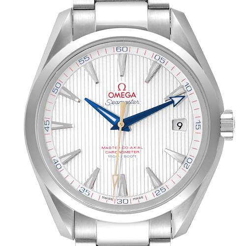The image shows a front view of the Omega Aqua Terra 231.10.42.21.02.004 Men's Stainless Steel Silver Dial 231.10.42.21.02.004 Men's Stainless Steel Silver Dial watch, including the dial, hands, bezel, date display, and part of the bracelet.
