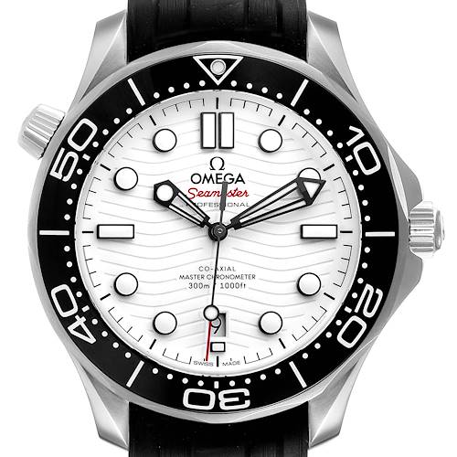 This Omega Seamaster 210.32.42.20.04.001 Men's Stainless Steel White Dial 210.32.42.20.04.001 Men's Stainless Steel White Dial watch is shown from the front, displaying its dial, bezel, and crown. 