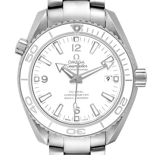 The image shows a front view of the Omega Planet Ocean 232.30.42.21.04.001 Men's Stainless Steel White Dial 232.30.42.21.04.001 Men's Stainless Steel White Dial watch, displaying the dial, bezel, and a portion of the bracelet.