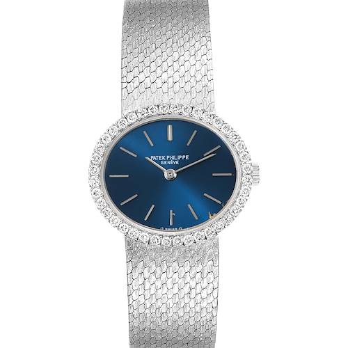 The image shows a front angle view of the Patek Philippe 4175 Women's White Gold Blue Dial 4175 Women's White Gold Blue Dial 4175 model, highlighting its blue dial, diamond bezel, and textured white gold bracelet.