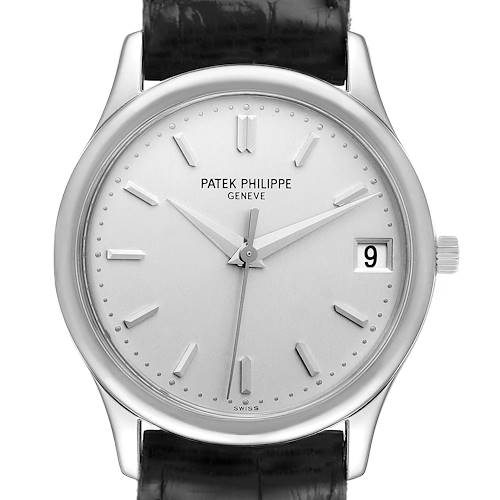 This image shows a front view of a Patek Philippe Calatrava 3998G Men's White Gold Silver Dial 3998G Men's White Gold Silver Dial watch, featuring its dial, hands, date window, and a portion of the strap.