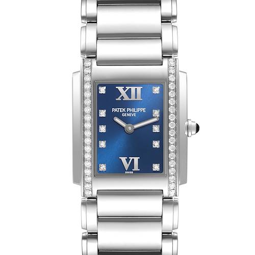 This image shows a front view of the Patek Philippe Twenty-4 4910/10A-012 Women's Stainless Steel Blue Dial 4910/10A-012 Women's Stainless Steel Blue Dial watch, highlighting the blue dial, diamond markers, and metal bracelet.