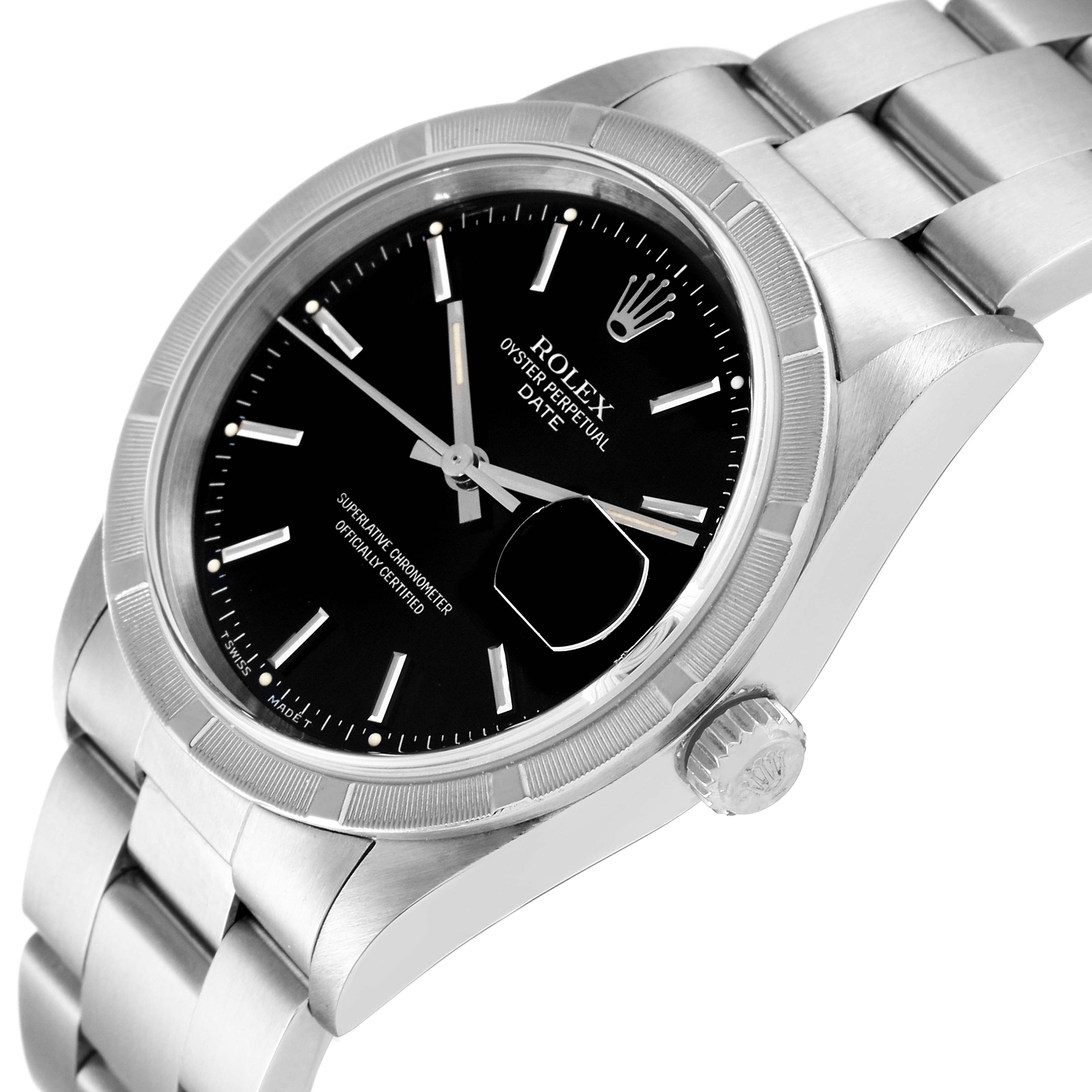 This is a side angle view of the Rolex Date 15210 Men's Stainless Steel Black Dial 15210 Men's Stainless Steel Black Dial model showing the watch face, bezel, crown, and part of the bracelet.