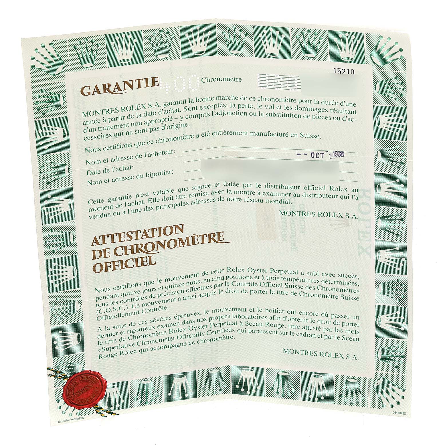 This image shows a green-bordered warranty and chronometer certification card for a Rolex Date 15210 Men's Stainless Steel Black Dial 15210 Men's Stainless Steel Black Dial model watch.