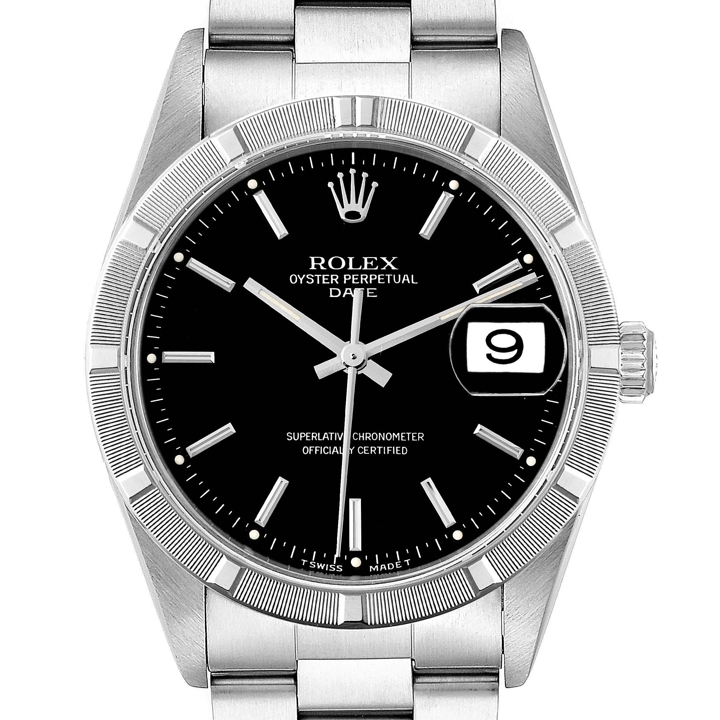 This image shows a front view of the Rolex Oyster Perpetual Date with a black dial, date window, and stainless steel bracelet.