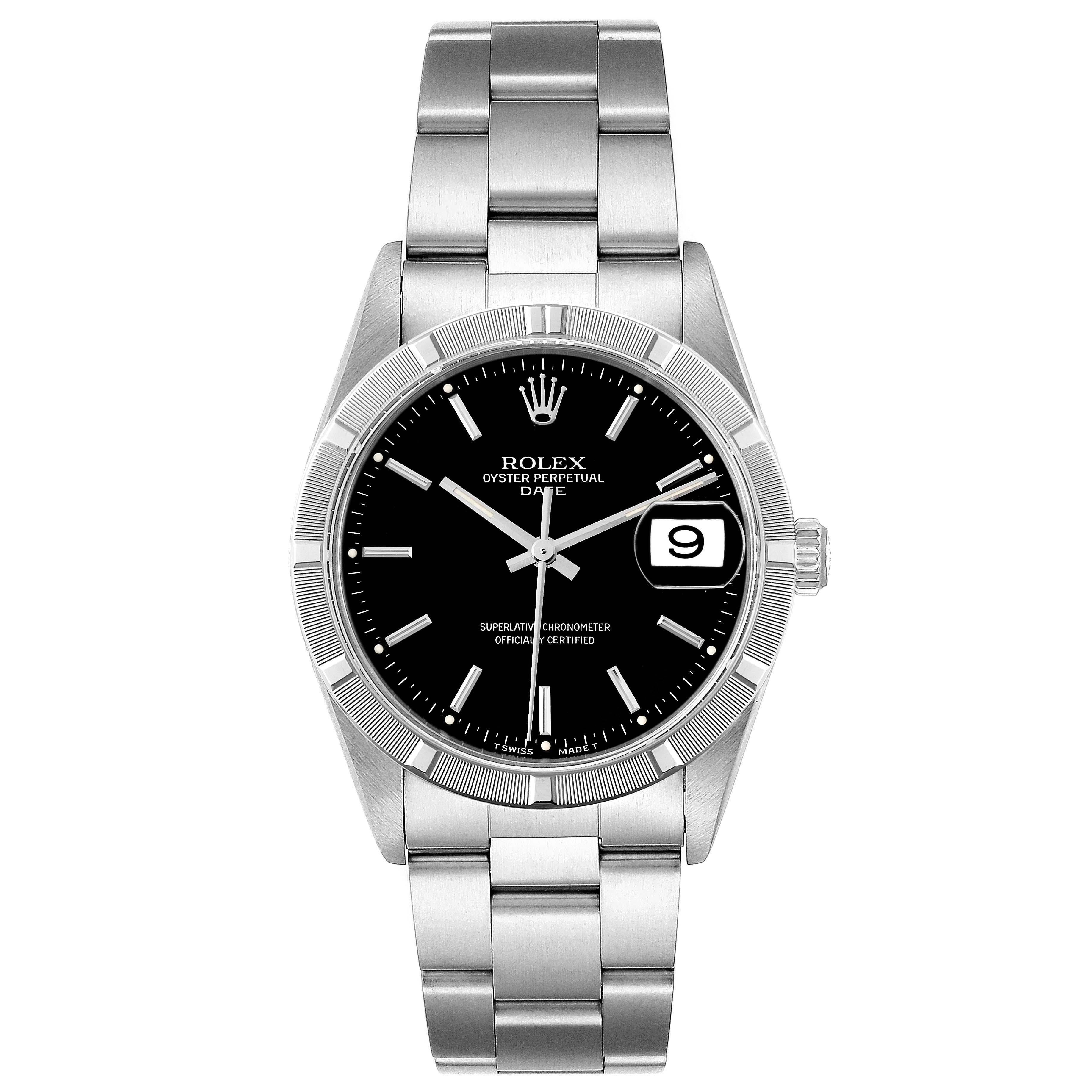 This image shows a full frontal view of a Rolex Date 15210 Men's Stainless Steel Black Dial 15210 Men's Stainless Steel Black Dial model watch, highlighting its bezel, bracelet, and black dial with a date display.