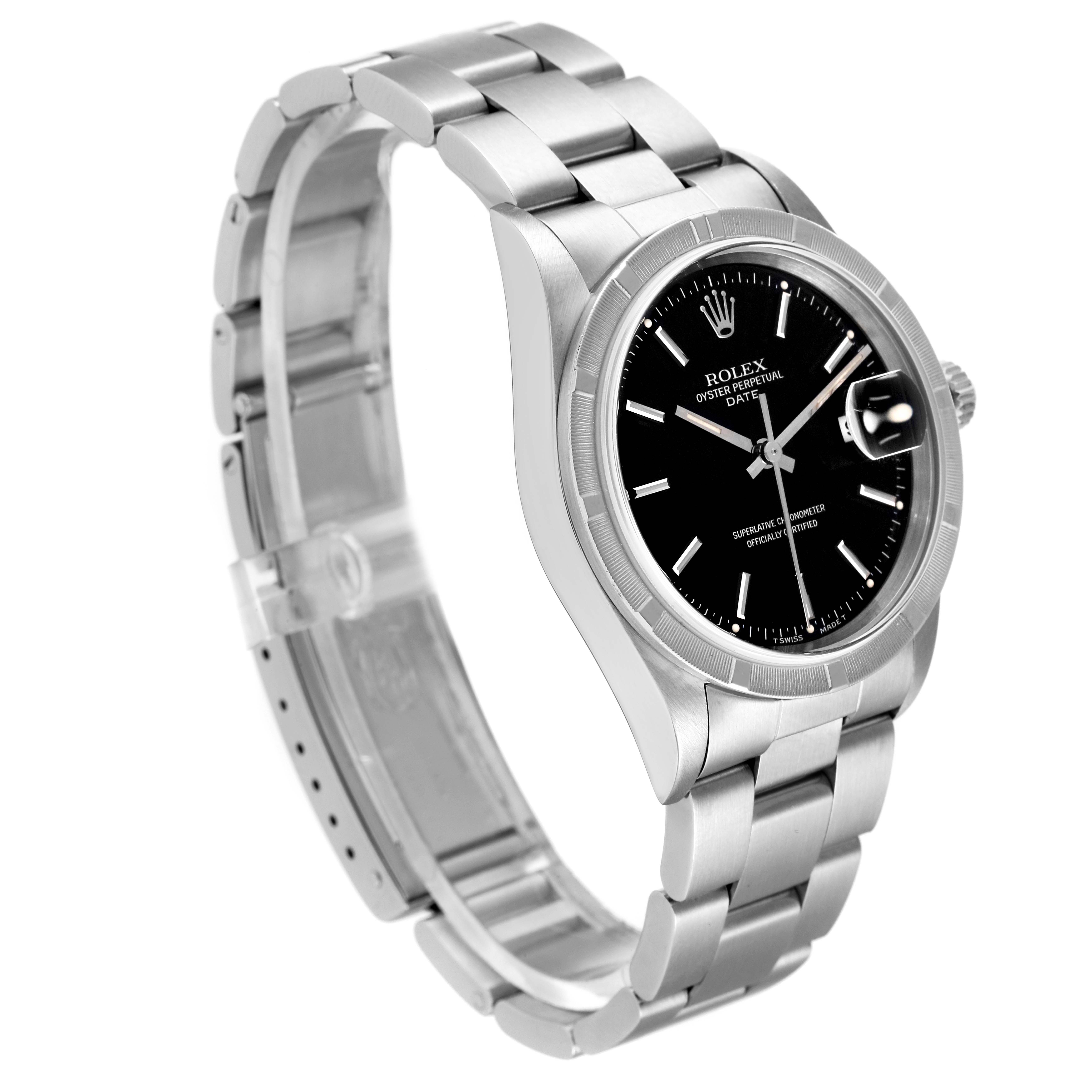 The image shows a side angle of a Rolex Date 15210 Men's Stainless Steel Black Dial 15210 Men's Stainless Steel Black Dial model watch, highlighting the stainless steel band, black dial, and date magnifier.