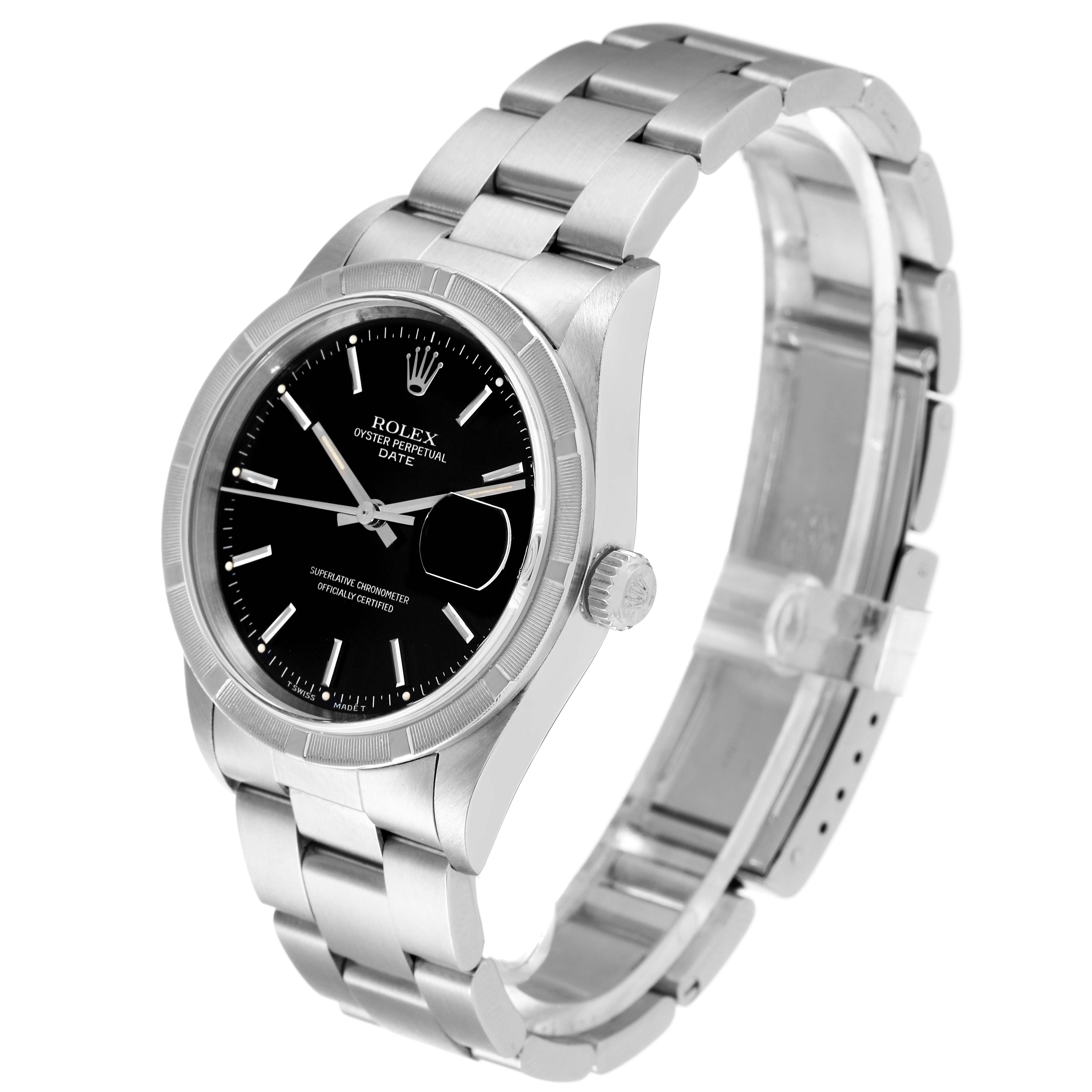 This Rolex Date 15210 Men's Stainless Steel Black Dial 15210 Men's Stainless Steel Black Dial model watch is displayed at a three-quarter angle, showing the case, dial, crown, bracelet, and clasp.