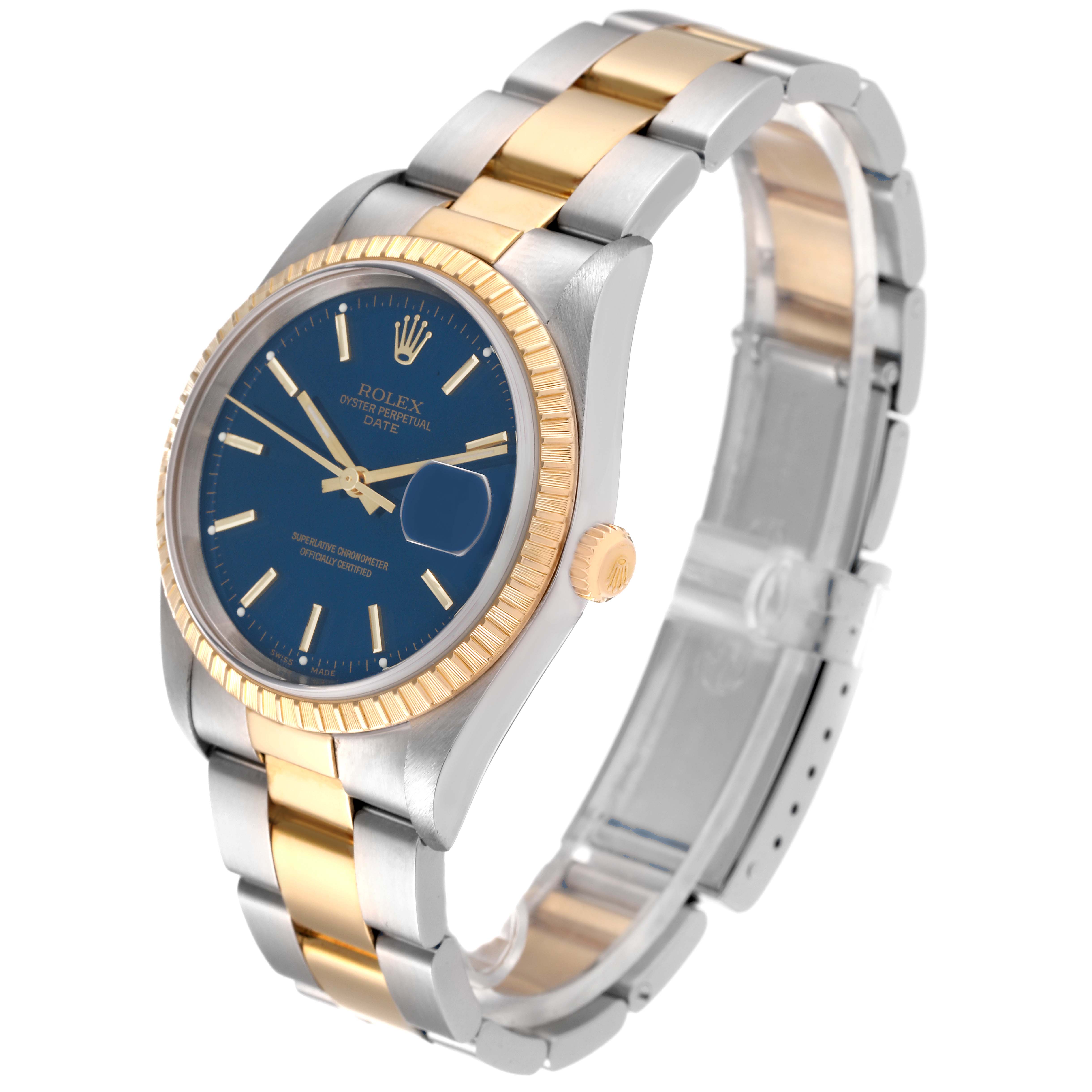 This image shows a side angle of a Rolex Date 15223 Men's Steel and Gold (two tone) Blue Dial 15223 Men's Steel and Gold (two tone) Blue Dial model watch, highlighting the dial, bezel, crown, and two-tone bracelet.