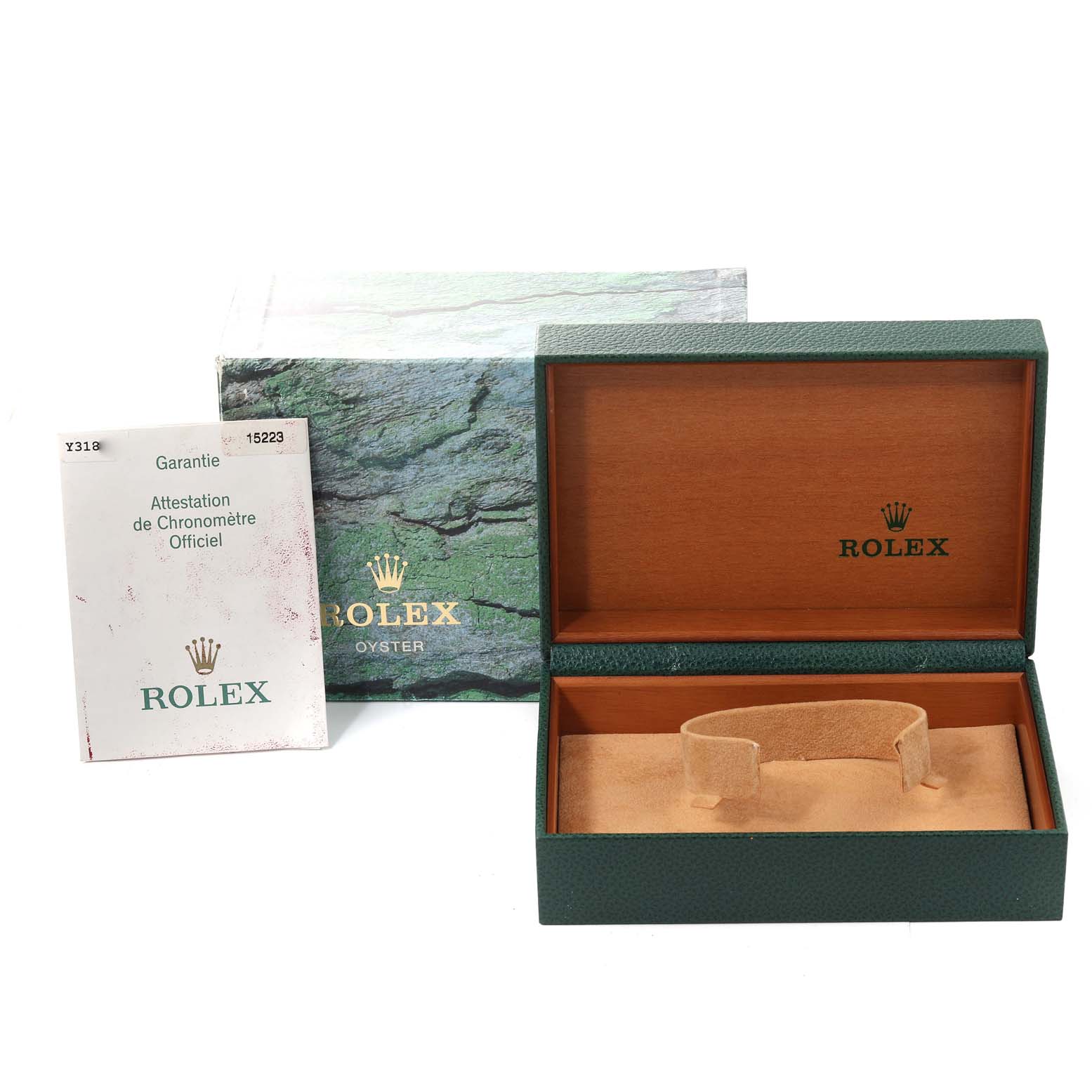 This image shows the packaging, including the box and warranty card, for a Rolex Date 15223 Men's Steel and Gold (two tone) Blue Dial 15223 Men's Steel and Gold (two tone) Blue Dial model watch.