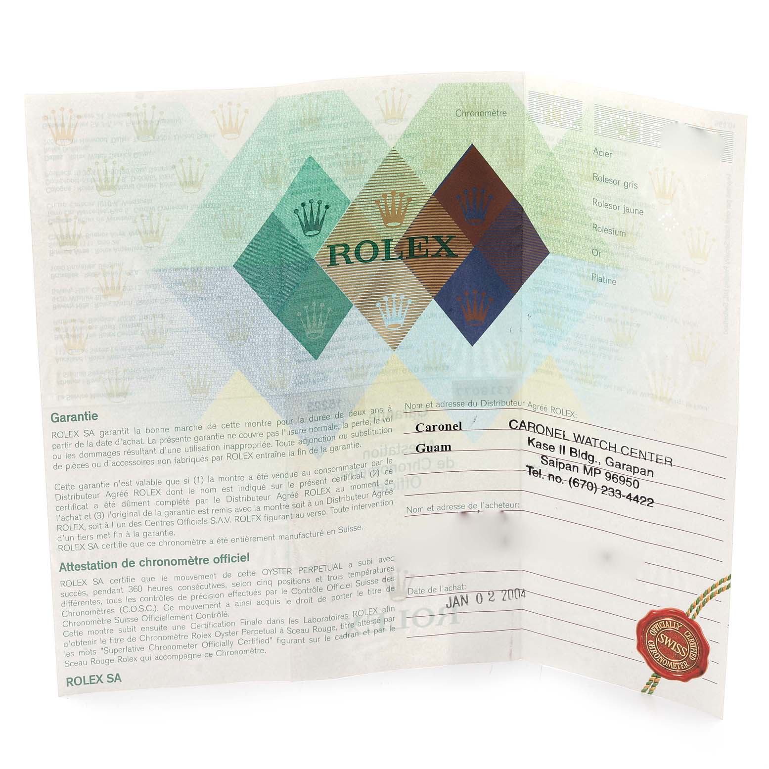 This image shows the warranty card and official documentation for a Rolex Date 15223 Men's Steel and Gold (two tone) Blue Dial 15223 Men's Steel and Gold (two tone) Blue Dial model watch.