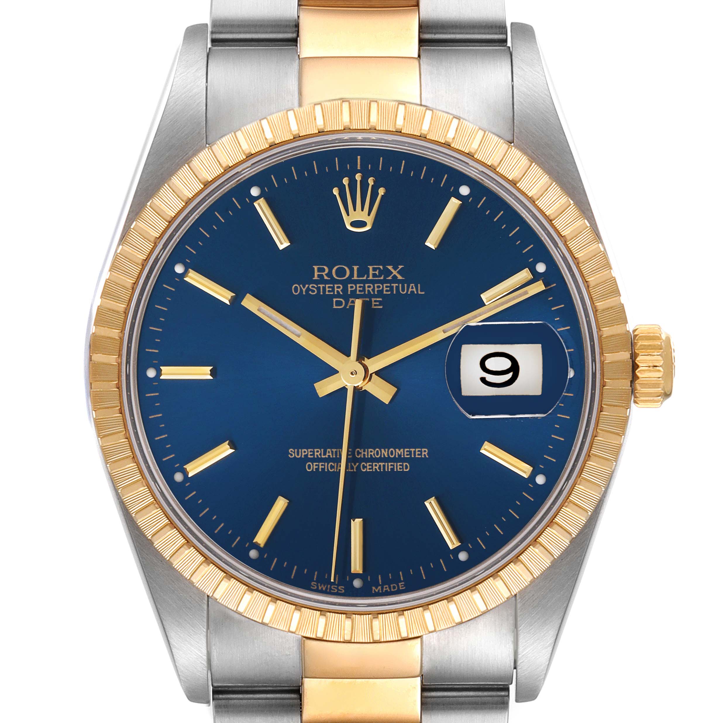 The image shows a front view of a Rolex Date 15223 Men's Steel and Gold (two tone) Blue Dial 15223 Men's Steel and Gold (two tone) Blue Dial model watch, highlighting its blue dial, gold hands, bezel, and date function.