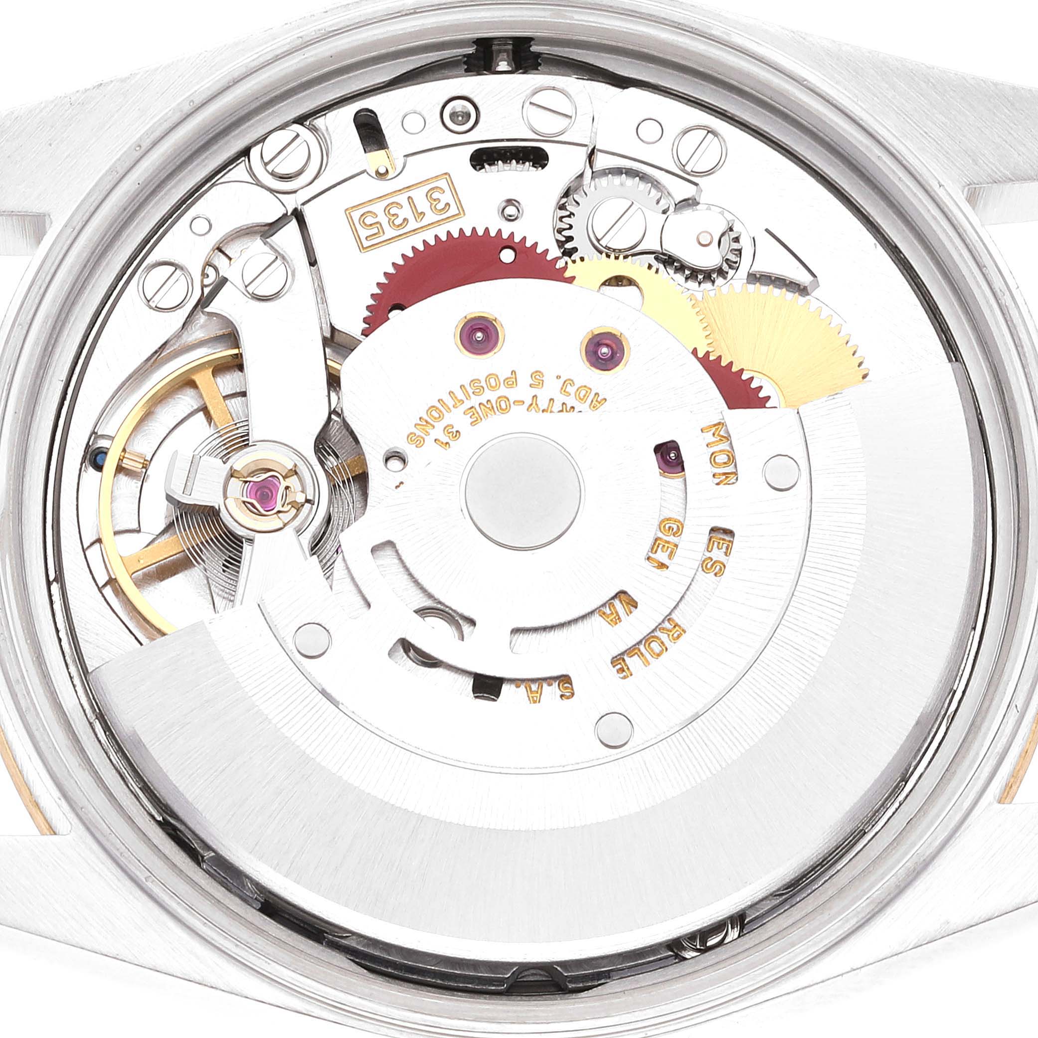 This image shows the internal mechanical movement of a Rolex Date 15223 Men's Steel and Gold (two tone) Blue Dial 15223 Men's Steel and Gold (two tone) Blue Dial watch, viewed from the back.