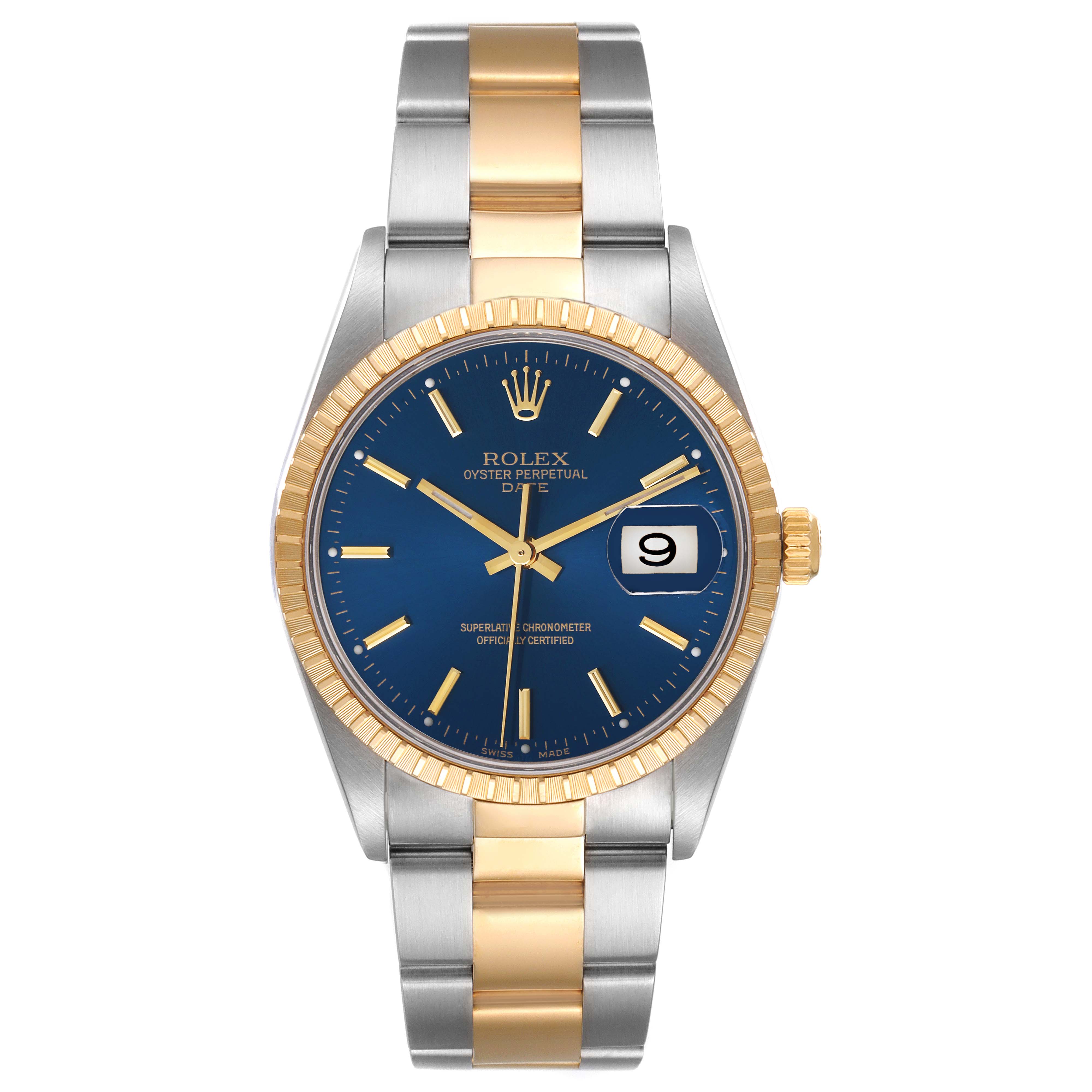 The image shows a frontal view of a Rolex Date 15223 Men's Steel and Gold (two tone) Blue Dial 15223 Men's Steel and Gold (two tone) Blue Dial watch, featuring its blue dial, gold fluted bezel, and two-tone metal bracelet.