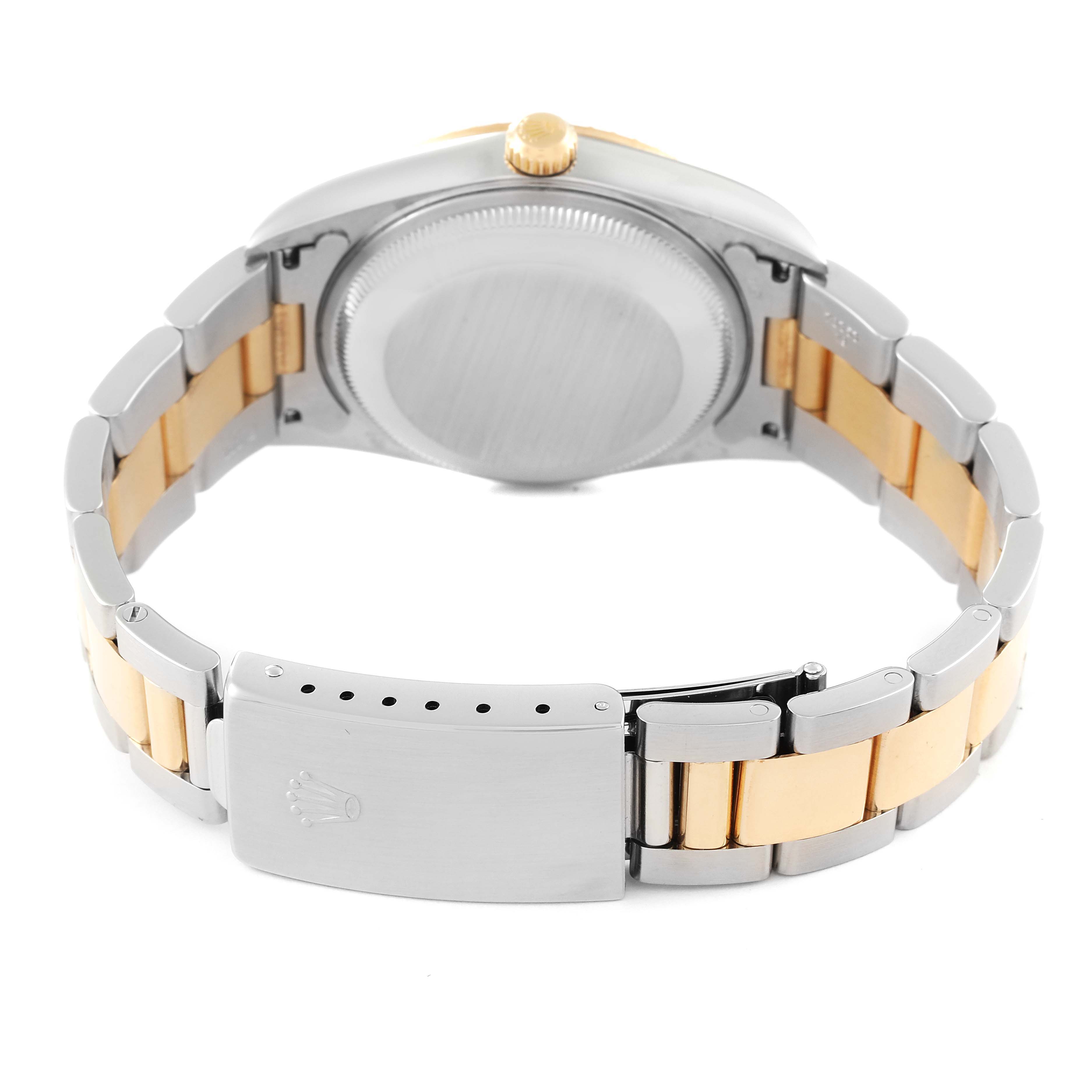 This image shows the back of the Rolex Date 15223 Men's Steel and Gold (two tone) Blue Dial 15223 Men's Steel and Gold (two tone) Blue Dial model watch, displaying the clasp, bracelet, and case back.