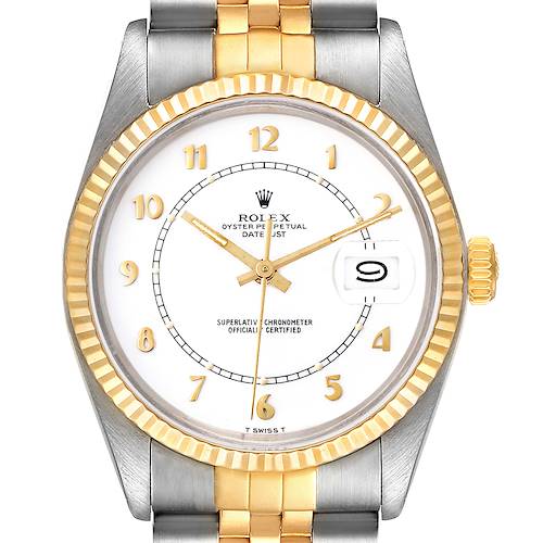 The image shows a front view of a Rolex Vintage Collection 16013 Men's Steel and Gold (two tone) White Dial 16013 Men's Steel and Gold (two tone) White Dial watch, displaying the face, bezel, and part of the bracelet.