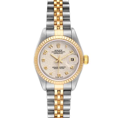 The image shows a front view of a Rolex Datejust 79173 Women's Steel and Gold (two tone) Beige Dial 79173 Women's Steel and Gold (two tone) Beige Dial watch featuring a two-tone bracelet, fluted bezel, and date window.