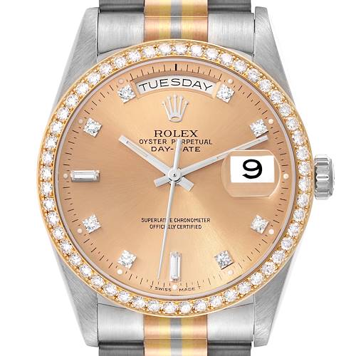 The image shows a close-up of the Rolex President 18349 Men's White Gold Champagne Dial 18349 Men's White Gold Champagne Dial model watch face and part of the bracelet.