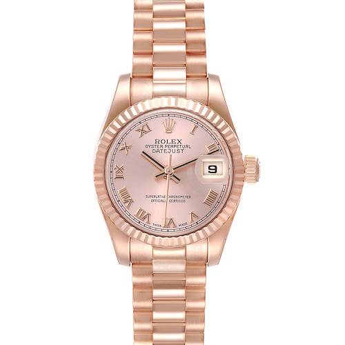 The image shows a frontal view of a Rolex President 179175 Women's Rose Gold Pink Dial 179175 Women's Rose Gold Pink Dial model watch, highlighting its dial, bracelet, and date window.