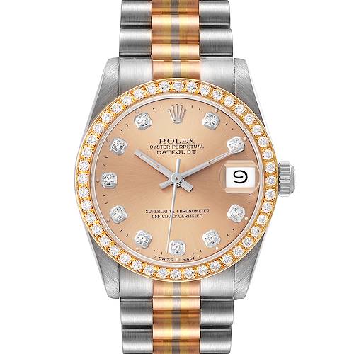 This image shows a front view of a Rolex Mid-Size 68289 Women's White Gold Brown Dial 68289 Women's White Gold Brown Dial Oyster Perpetual Datejust watch, featuring a diamond bezel and two-tone bracelet.