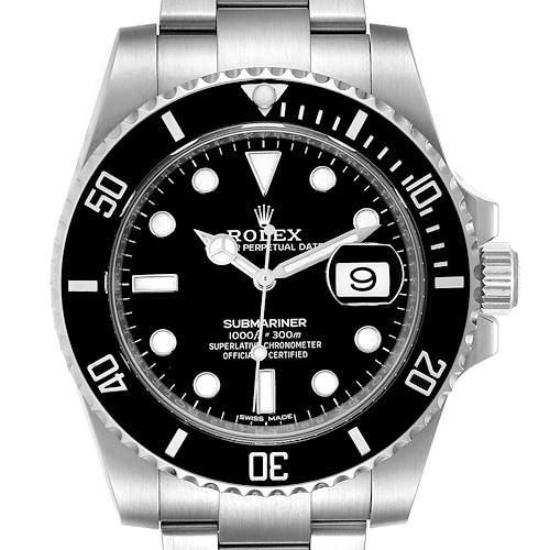This image shows a front view of the Rolex Submariner 116610 Men's Stainless Steel Black Dial 116610 Men's Stainless Steel Black Dial watch, highlighting the dial, bezel, and bracelet.