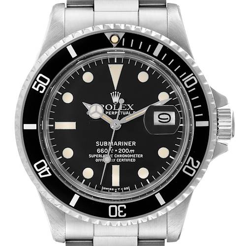 This image shows the front view of a Rolex Vintage Collection 1680 Men's Stainless Steel Black Dial 1680 Men's Stainless Steel Black Dial model Submariner watch.