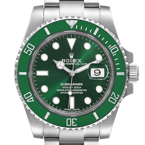 The image shows a front view of a Rolex Submariner 116610LV Men's Stainless Steel Green Dial 116610LV Men's Stainless Steel Green Dial watch with a green bezel and dial, featuring hour markers, hands, and a date window.