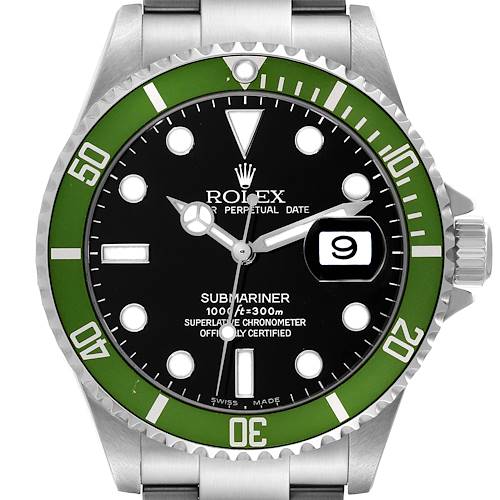This image shows a close-up, front angle of the Rolex Submariner 16610LV Men's Stainless Steel Black Dial 16610LV Men's Stainless Steel Black Dial watch, highlighting the green bezel, black dial, and date window.