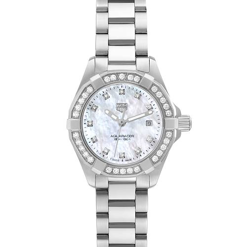 The image shows a front view of a Tag Heuer Aquaracer WBD1415 Women's Stainless Steel Mother of Pearl Dial WBD1415 Women's Stainless Steel Mother of Pearl Dial watch, displaying its face, bezel, and part of the metal bracelet.