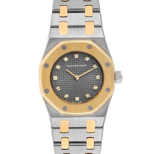 This image shows a front view of the Audemars Piguet Royal Oak 6131-516 Women's Steel and Gold (two tone) Grey Dial 6131-516 Women's Steel and Gold (two tone) Grey Dial watch, highlighting its dial, bezel, and bracelet.