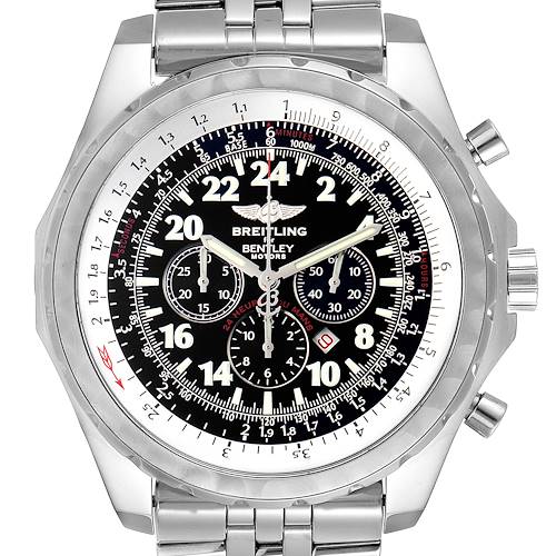 The image shows a frontal view of a Breitling Bentley A22362 Men's Stainless Steel Black Dial A22362 Men's Stainless Steel Black Dial watch, highlighting the dial, bezel, subdials, and stainless steel bracelet.