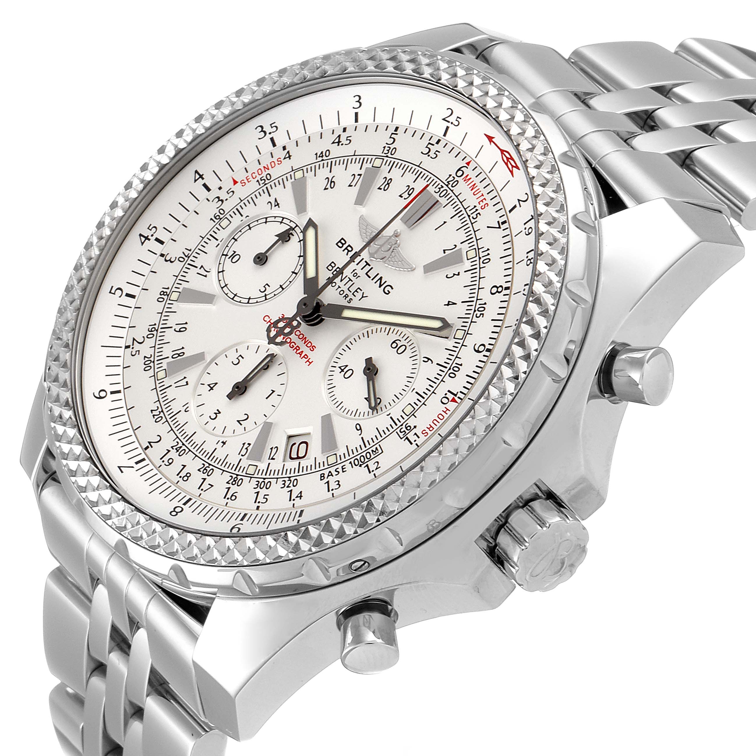 The image shows a close-up angle of the Breitling Bentley A25362 Men's Stainless Steel Silver Dial A25362 Men's Stainless Steel Silver Dial watch, highlighting the dial, bezel, pushers, crown, and metal bracelet.