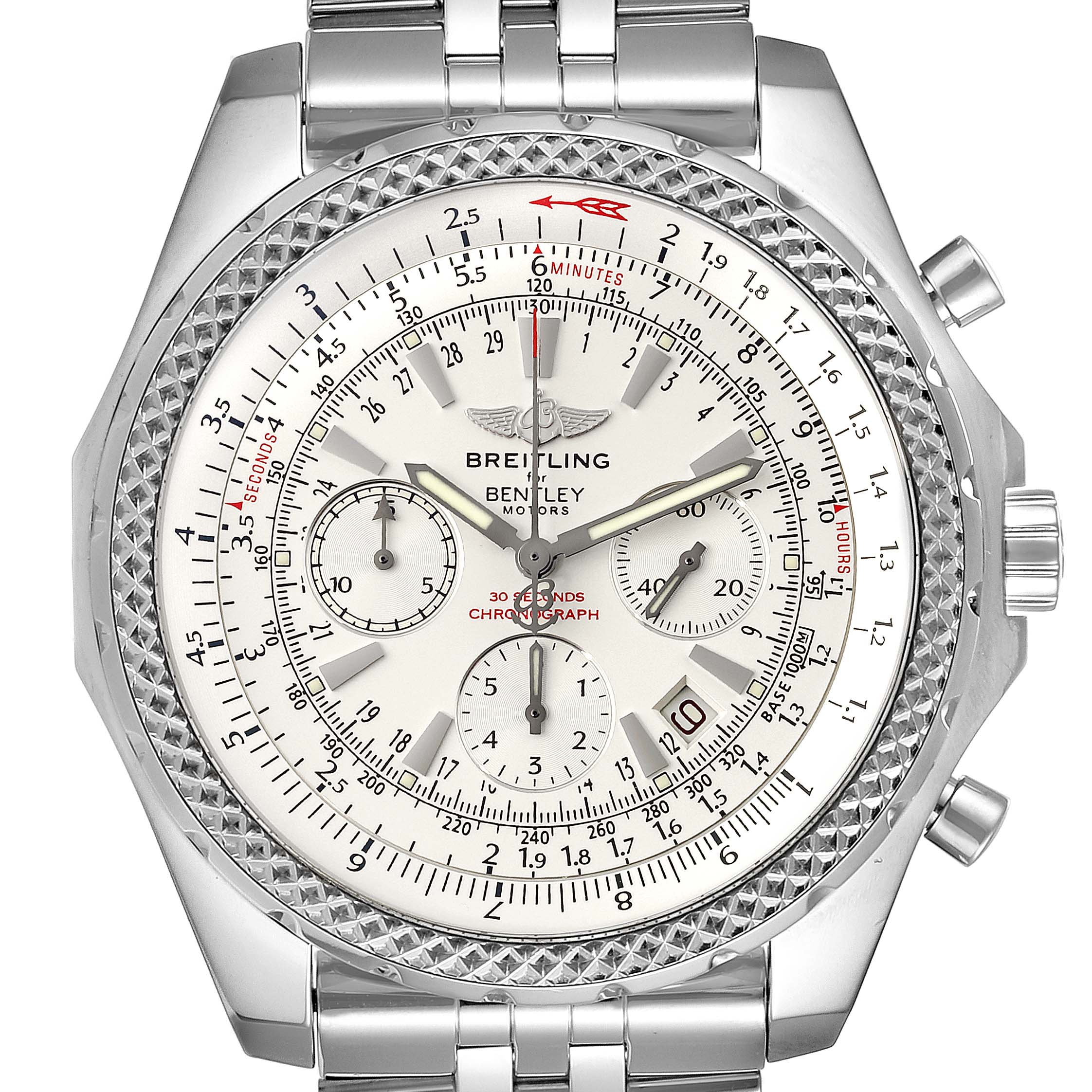 The image shows a front view of the Breitling Bentley A25362 Men's Stainless Steel Silver Dial A25362 Men's Stainless Steel Silver Dial watch, highlighting its dial, sub-dials, bezel, and stainless steel strap.