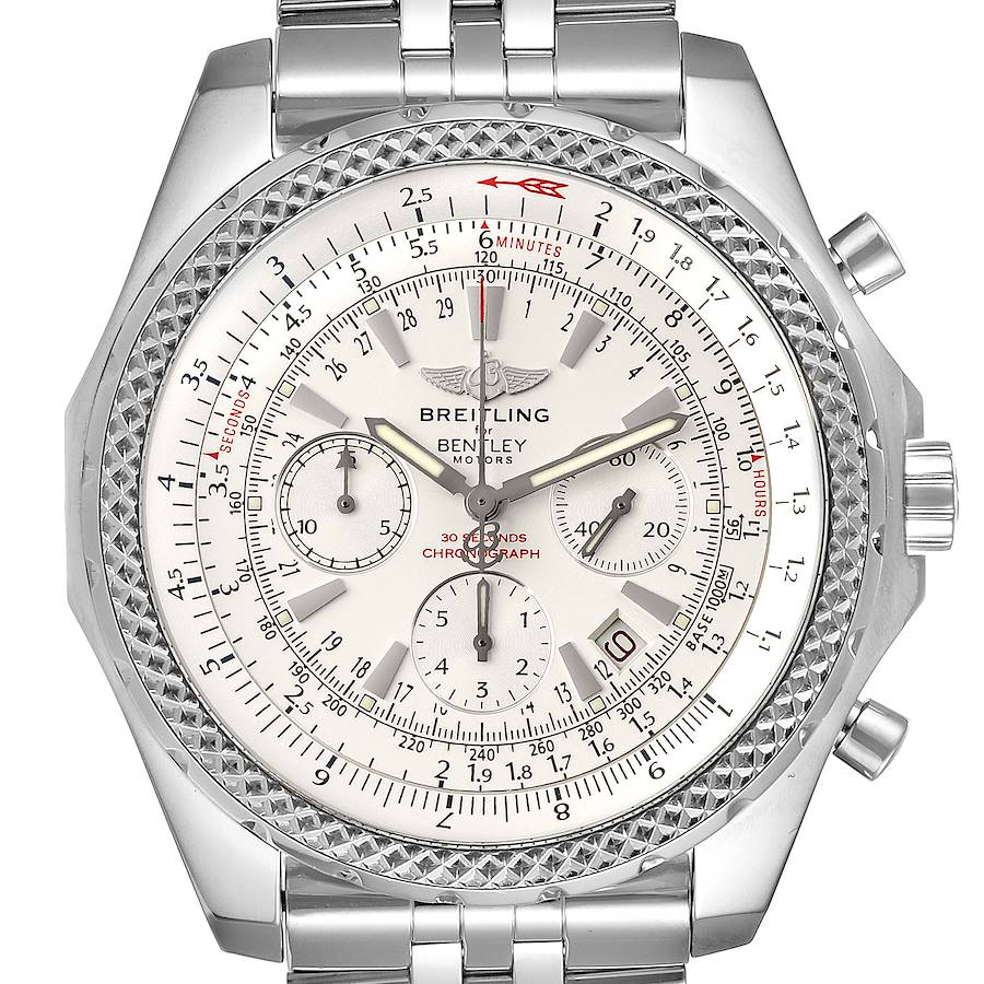 The image shows a front view of the Breitling Bentley A25362 Men's Stainless Steel Silver Dial A25362 Men's Stainless Steel Silver Dial watch, highlighting its dial, sub-dials, bezel, and stainless steel strap.