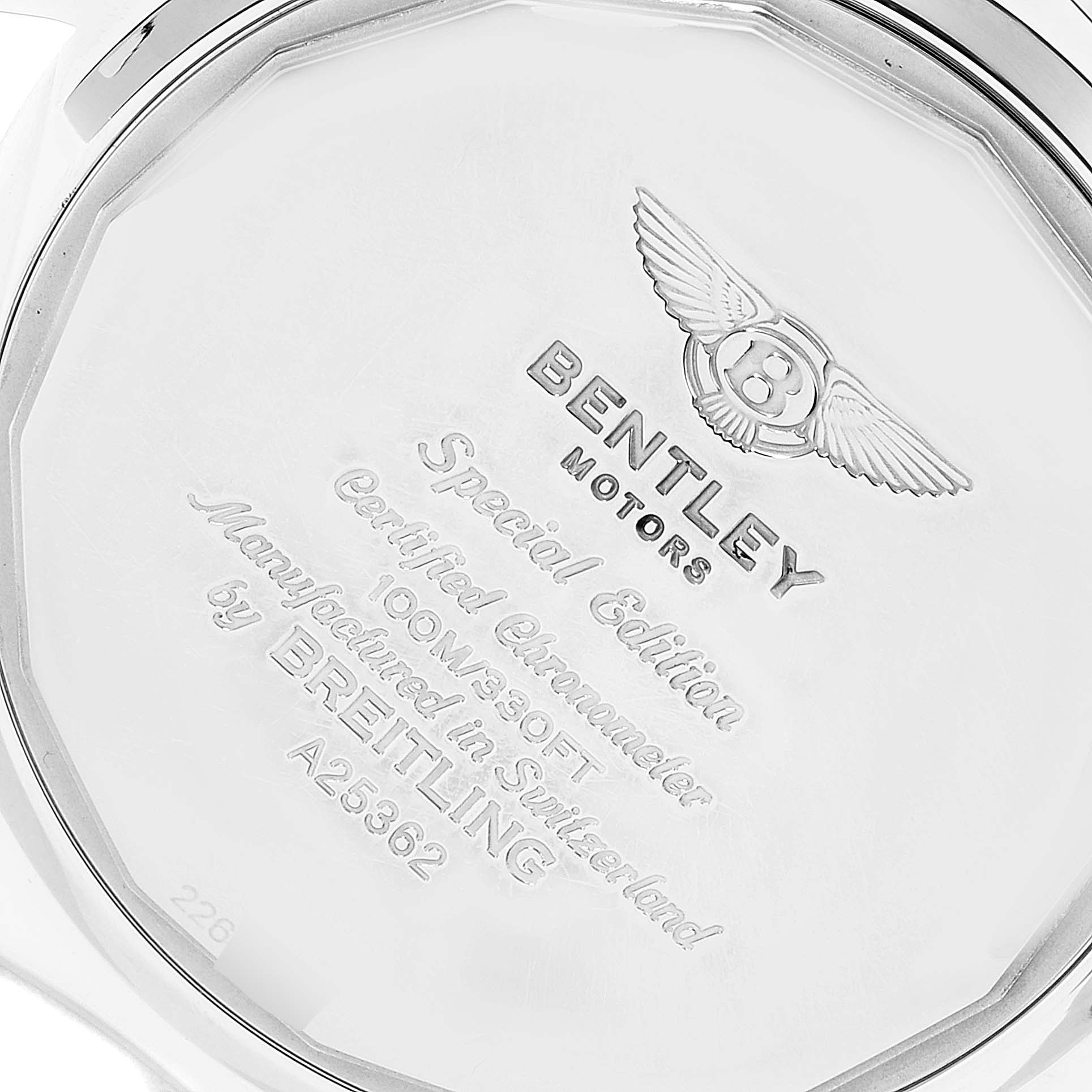 The image shows the back case of a Bentley model watch by Breitling, featuring engraved details and the Bentley logo.