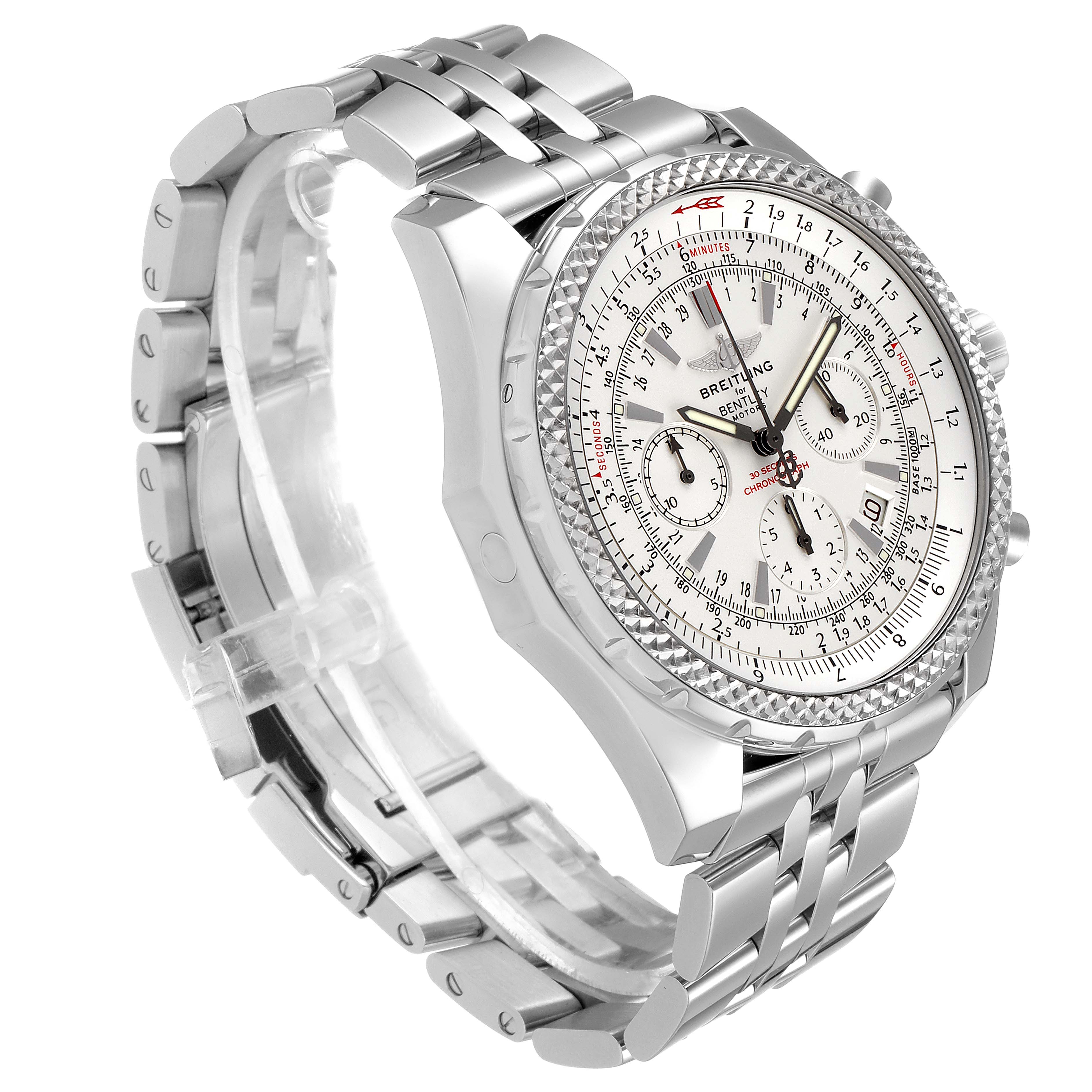 This image shows a side angle of the Breitling Bentley A25362 Men's Stainless Steel Silver Dial A25362 Men's Stainless Steel Silver Dial watch, highlighting the dial, bezel, bracelet, and clasp.