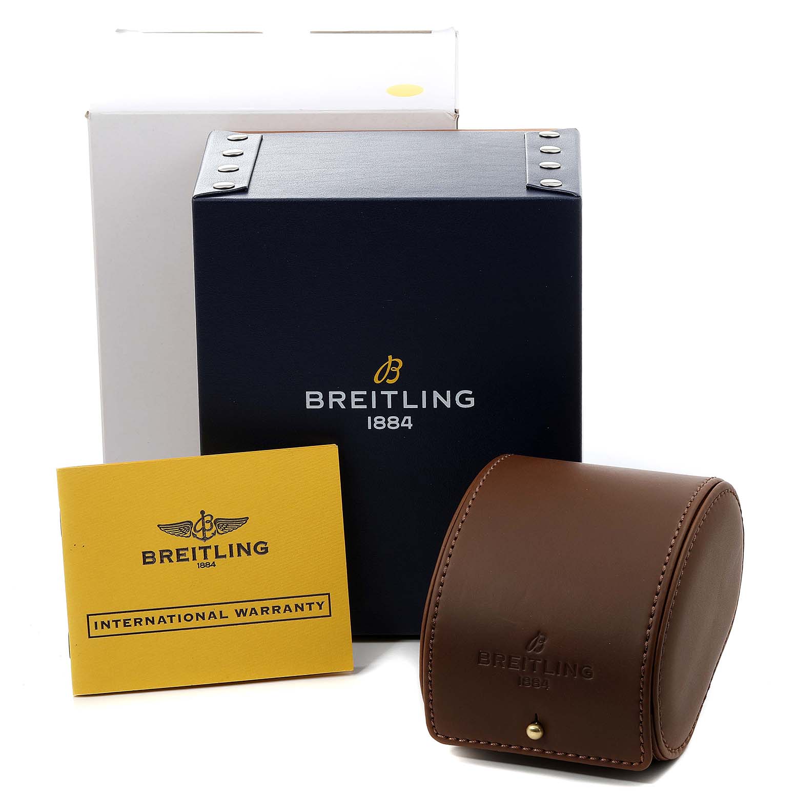 The image shows the Breitling Bentley A25362 Men's Stainless Steel Silver Dial A25362 Men's Stainless Steel Silver Dial watch packaging, including the box, leather case, and international warranty card.