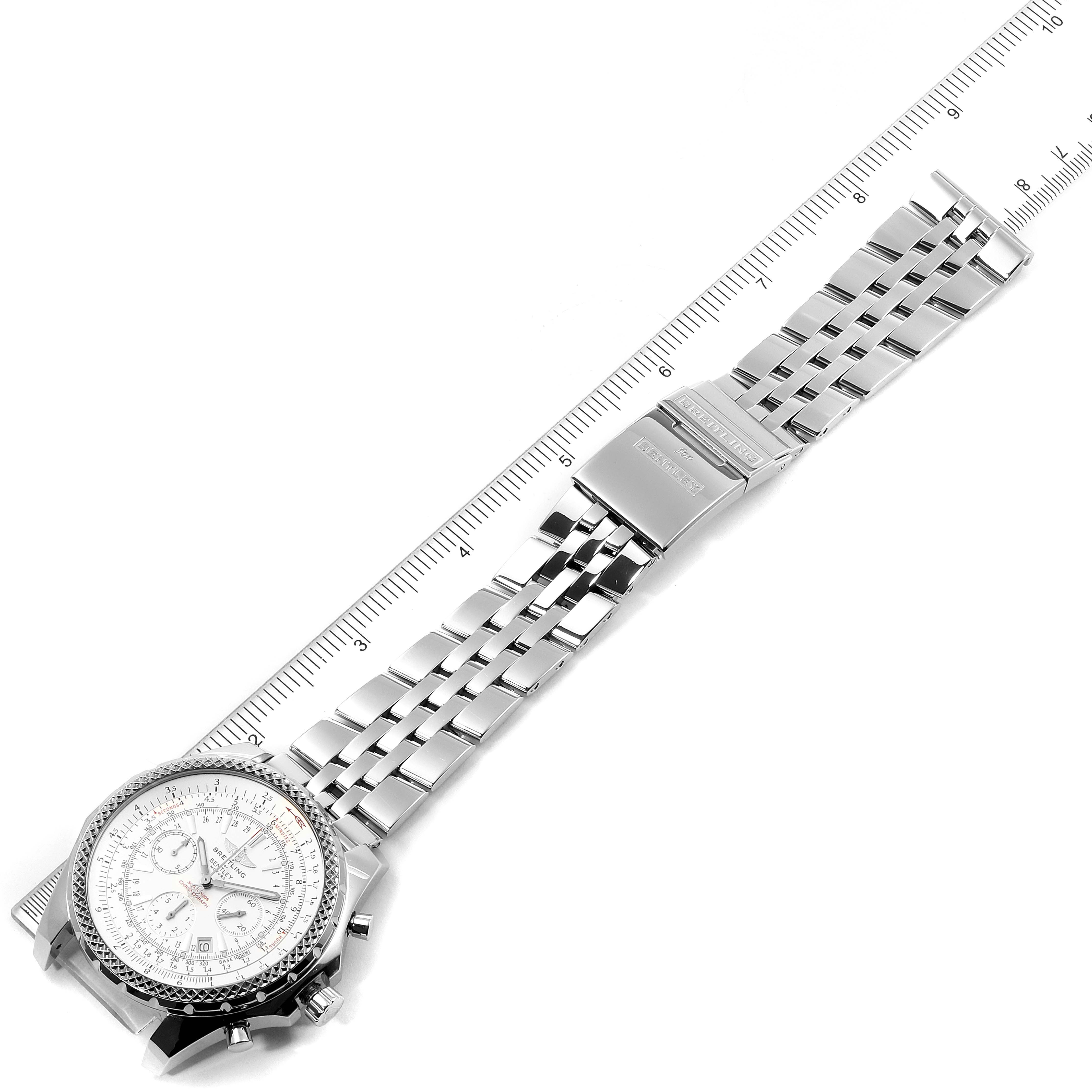 The Breitling Bentley A25362 Men's Stainless Steel Silver Dial A25362 Men's Stainless Steel Silver Dial watch is shown from an above angle, displaying the face, bezel, and full metal bracelet.