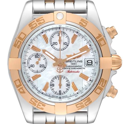 The image shows a frontal view of the Breitling Galactic C13358L2/A686/366C Men's Steel and Gold (two tone) Mother of Pearl Dial C13358L2/A686/366C Men's Steel and Gold (two tone) Mother of Pearl Dial model, highlighting the dial, bezel, and chronograph subdials.