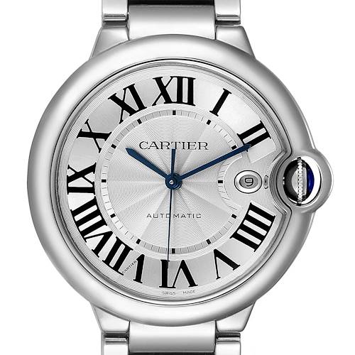 The image shows a close-up of the face and part of the bracelet of the Ballon Bleu model by Cartier.